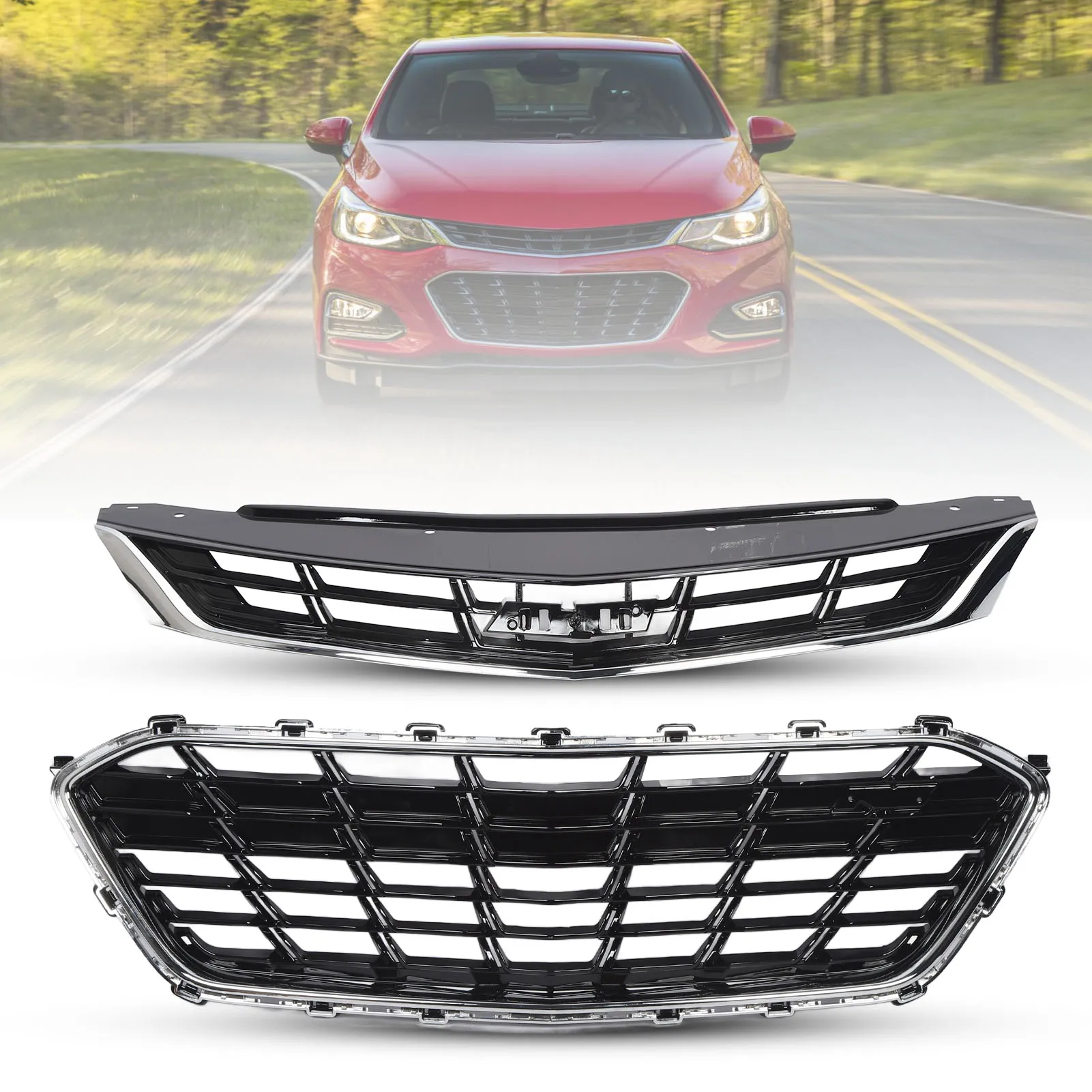 مجموعة الشبكة الأمامية العلوية السفلية كروم ABS 84189613 84009674 بديل لسيارة شيفروليه كروز Premier RS 2016 2017 2018 2019 النوع الأمريكي