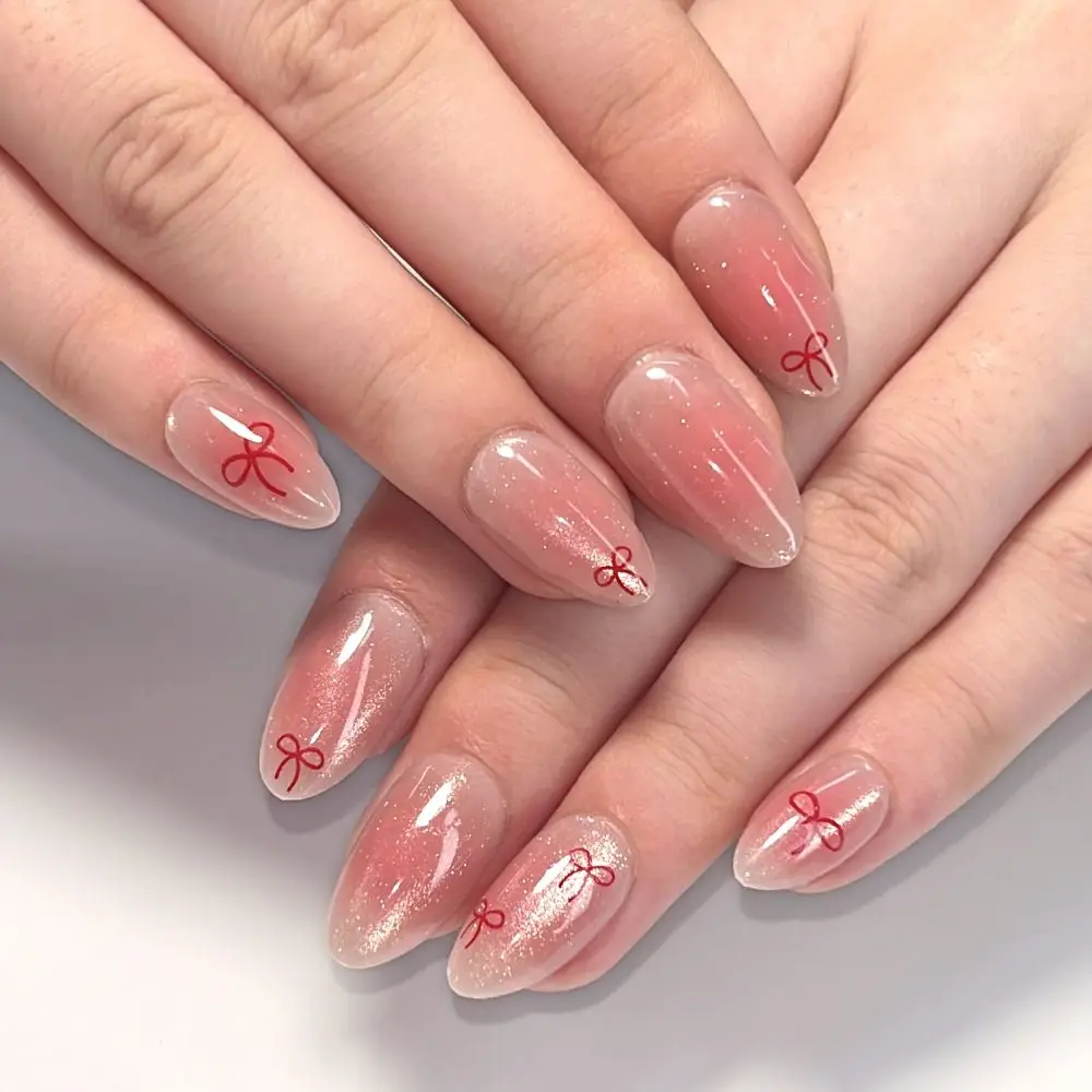 

Manicure Long Almond False Nails Love Heart Butterfly French Press on Nails Flowers Shining Pink Fake Nials DIY