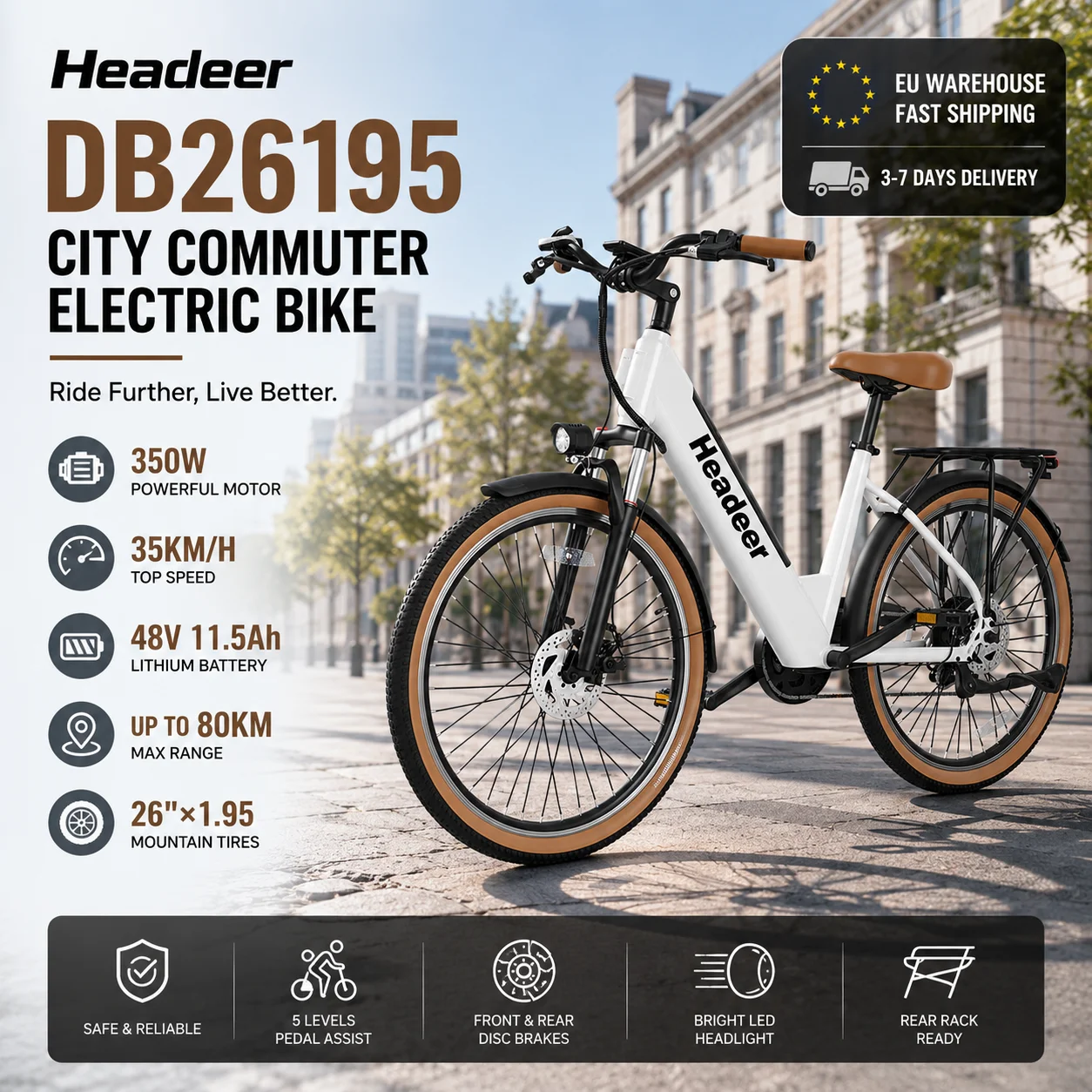 Headeer 26195 Vélo électrique de ville Commute 48V, batterie 11,5Ah, moteur 350W, pneus 26'', vitesse 35 km/h, autonomie 80 km, vélo électrique pour adultes, vélo urbain de déplacement