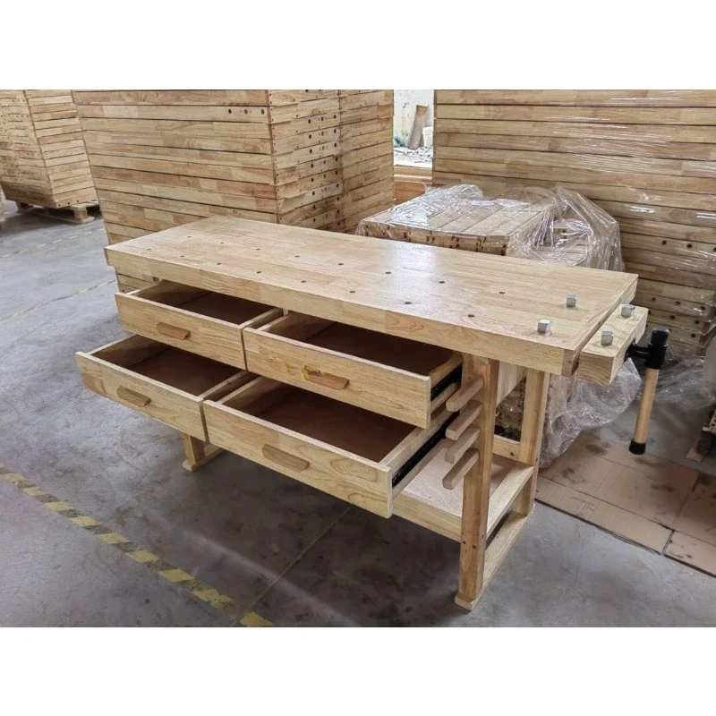 

Rubber Wood Workbench with 4-Drawer Storage, 450lb Capacity Garage Workshop Table Organizer