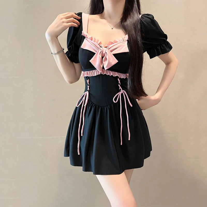 مثير أسود وردي القوس قصيرة الأكمام المايوه قطعة واحدة الدانتيل يصل داخلية فستان قصير كولوتيس البيكينيات مبطن ملابس الشاطئ وتتسابق #2