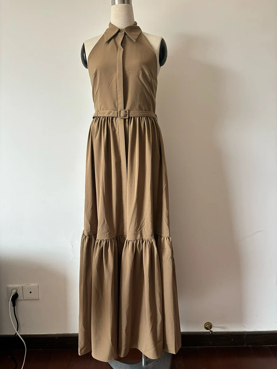 VGH Elegante strandstijl lange jurken voor vrouwen revers mouwloze hoge taille gesplitste riem gedrapeerde casual jurk vrouwelijke mode nieuw