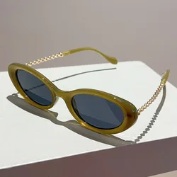 Luxury Brand Designer Small Frame Oval Sunglasses Women For Men Vintage Fashion Sun Glasses Trendy Punk Metal Chain Shades UV400