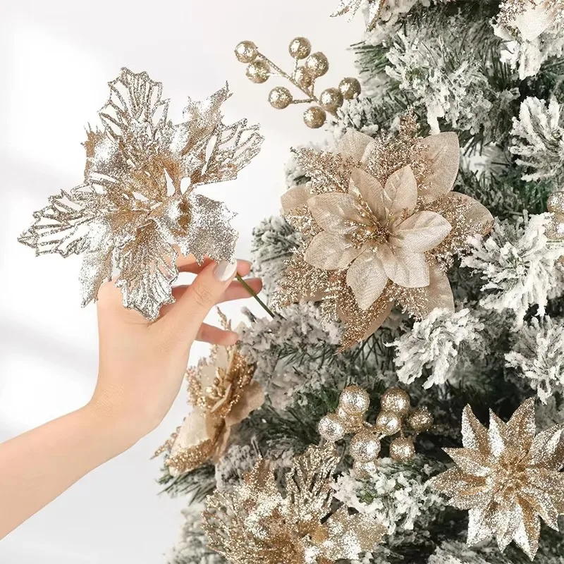 22Pcs Glitter Artifical Fake Berry Bouquet Christmas Flower Heads Christmas Tree Hanging Ornaments Home Decor New Year 2026 Gift