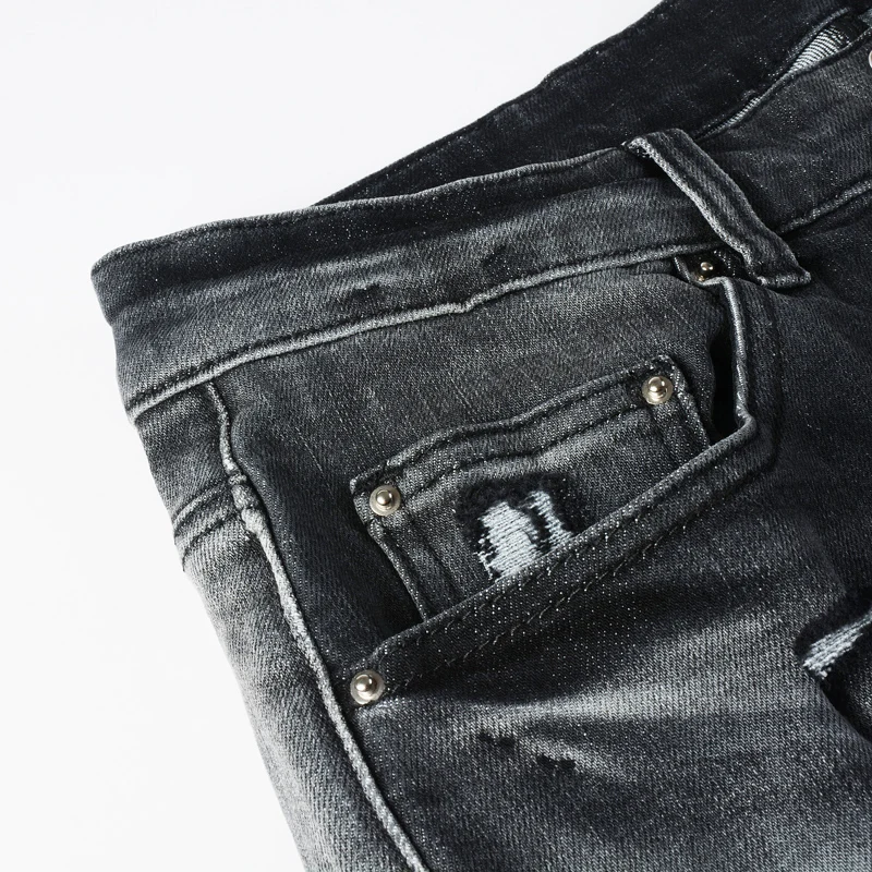Designer fashion new denim jeans with stretch, slim fit, perforated, red patch washed, nostalgic black gray jeans, high street h