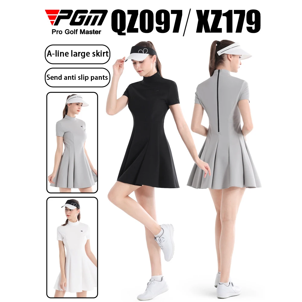 PGM Golf Women'S Dress, Summer Golf Clothing, High Elasticity Slim Fit A-Line Skirt, Stand Up Collar Short Sleeved Dress Qz097