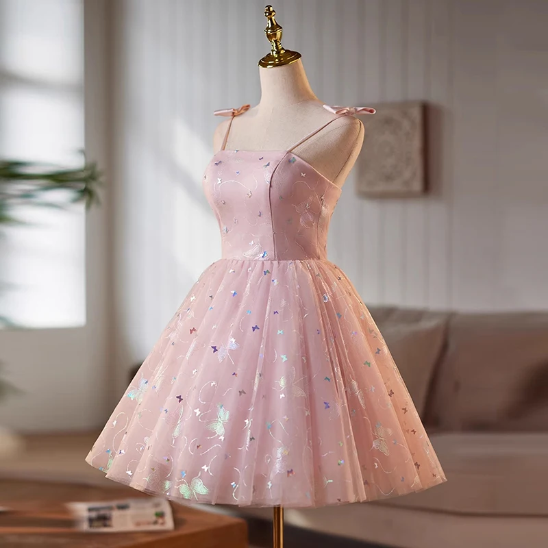 AnXin SH księżniczka różowa koronkowa kokardka spaghetti pasek frezowanie świecący motyl krótka dostosowana suknia wieczorowa mała biała sukienka
