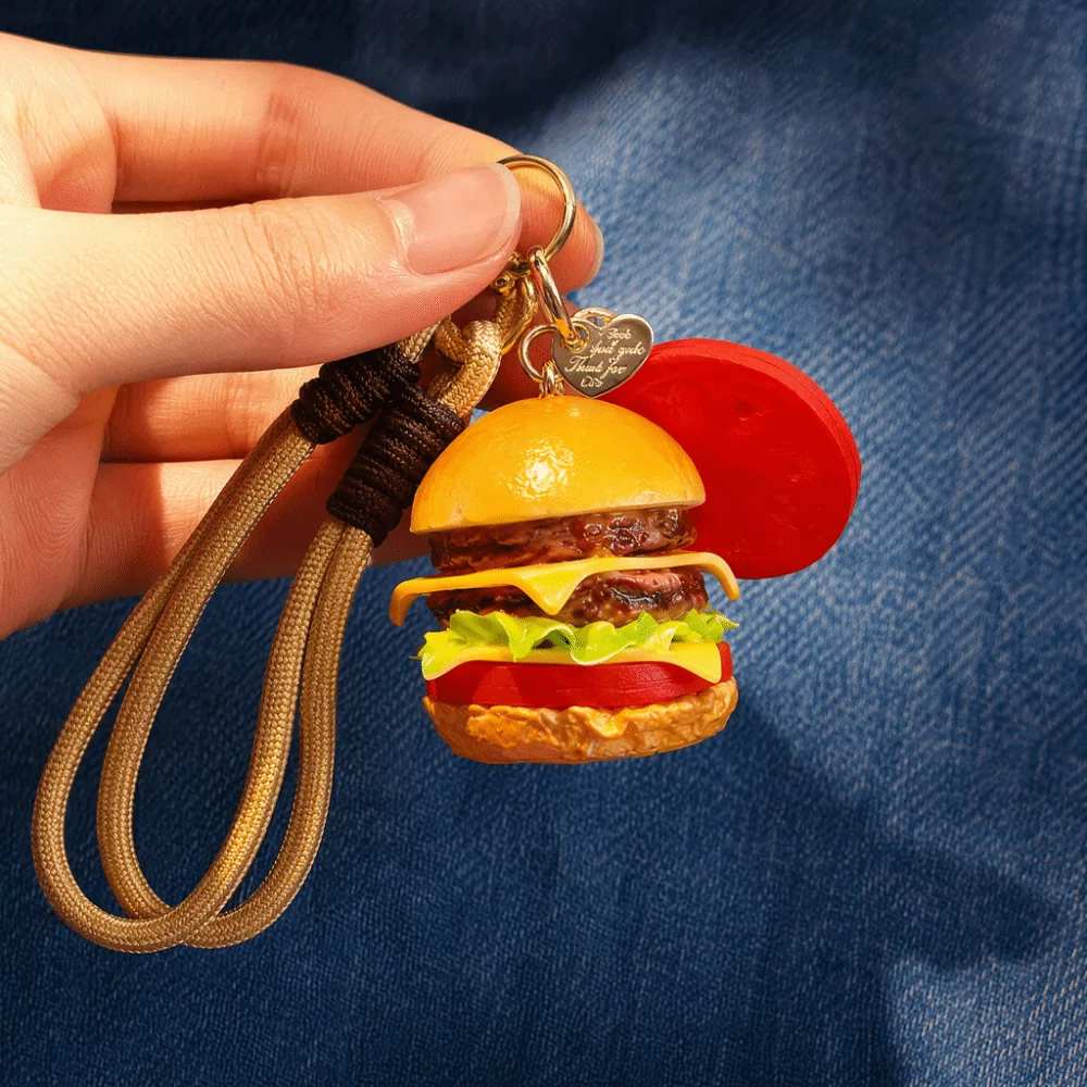 Realistic Hamburger Squishy Keychain PVC Mini-size Simulation Hamburger Keyring Cartoon 3D Schoolbag Car Key Ornament Gift