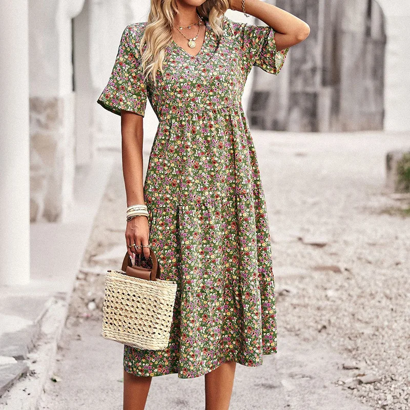 Boho Summer Women's V Neck Long Dress Elegant Floral Printed Short Sleeve High Waist A Line Casual Holiday Maxi Dresses Vestidos