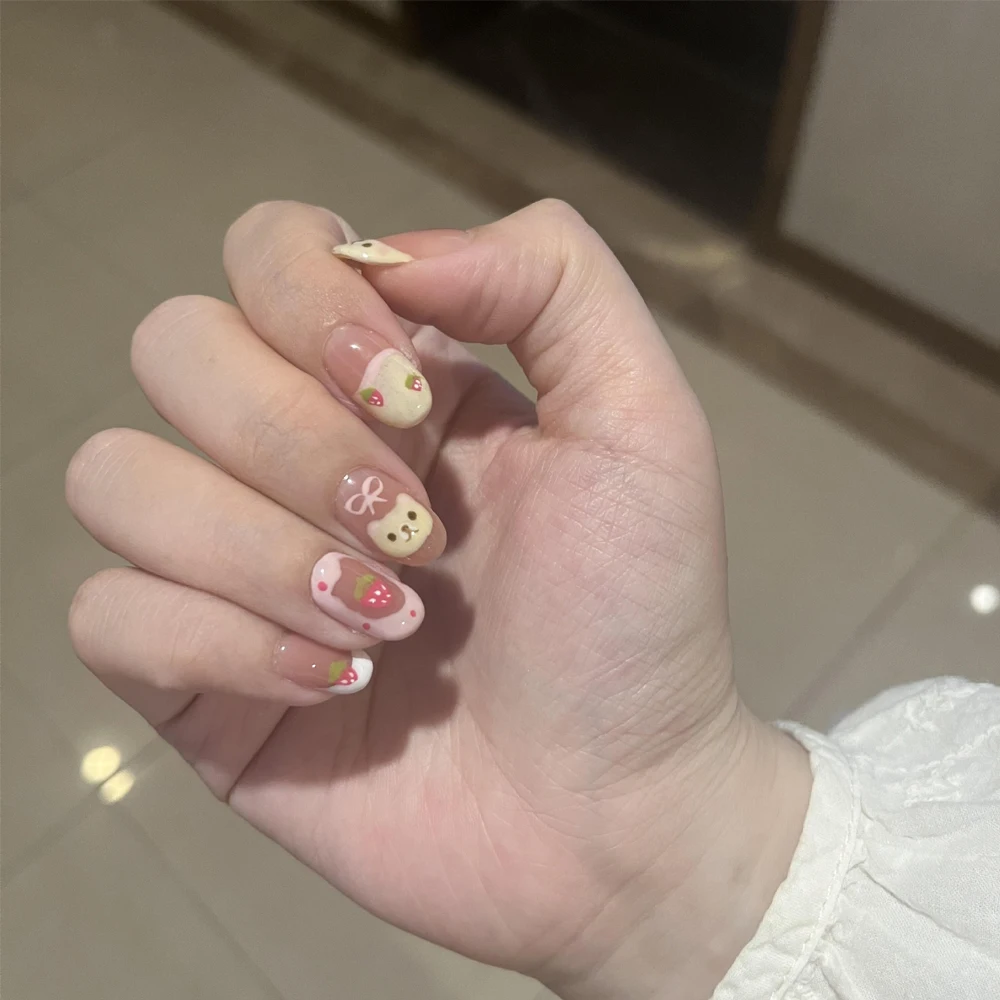 10Pcs Almond Press On Nails With Pink Strawberry Bear Design False Nails Cute Full Cover Sweet Girl Wearable Nail Tips - view 3