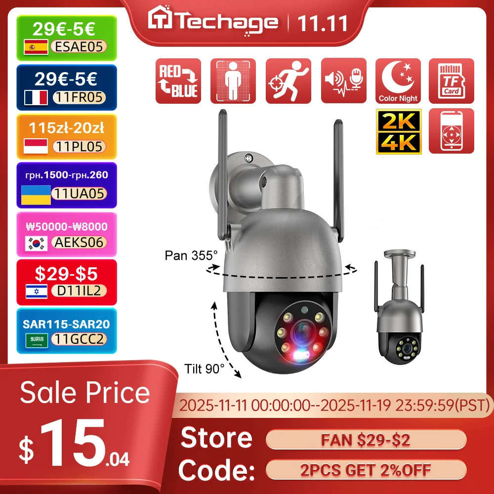 

Techage 8MP 4K 2K PTZ Security Wireless IP Camera Video Surveillance WIFI Camera Outdoor AI Red-Blue Light Alarm Human Detected