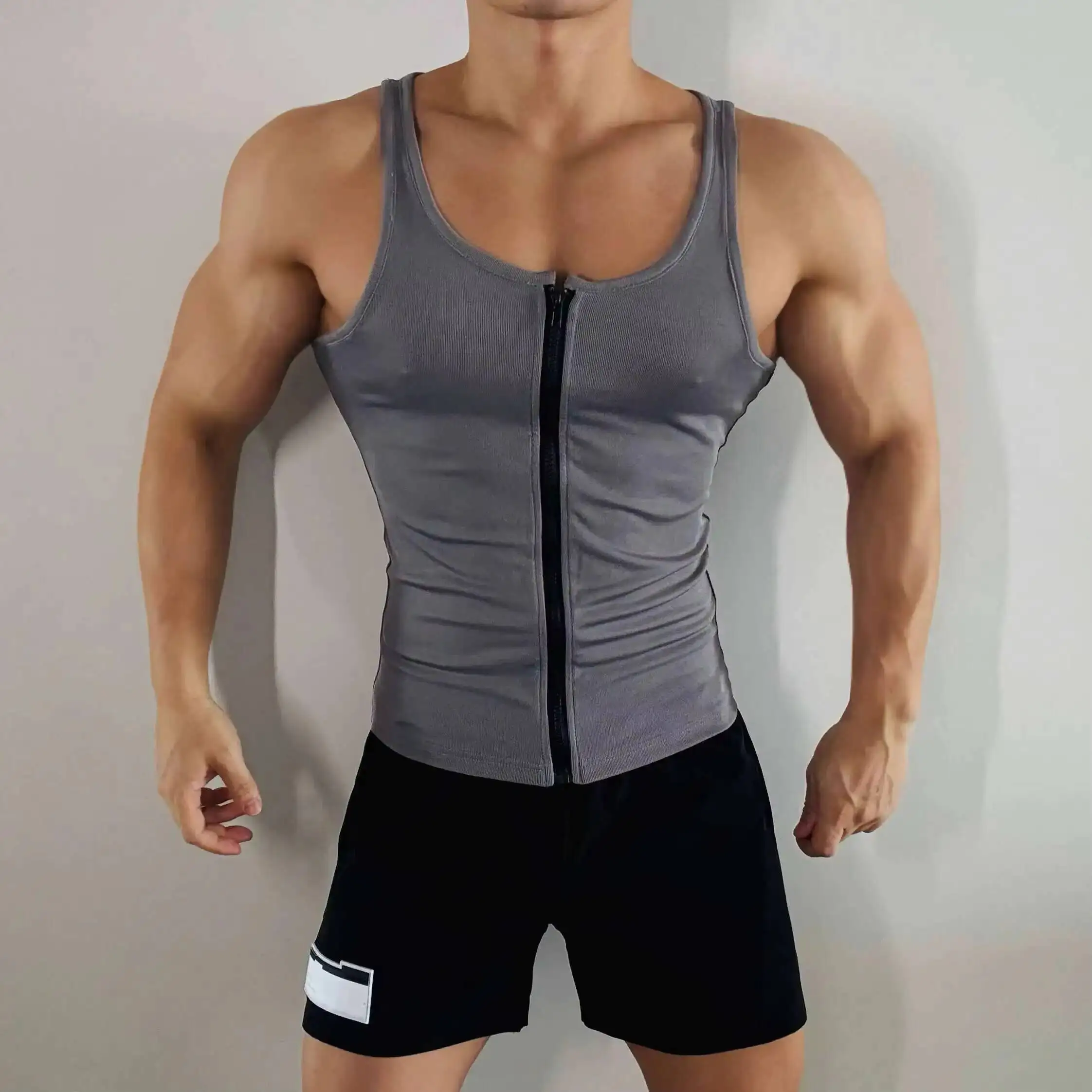Summer deep v neck men sports fitness tank top Knitted zipper sexy plus size t shirt streetwear