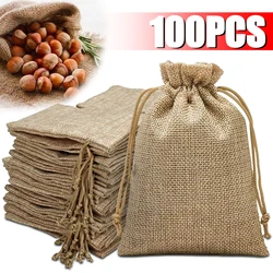 100PCS 13X18CM/10X15CM/7X9CM Drawstring Burlap Bag Jute Gift Bags DIY Wedding Favor Gift For Packaging Candy Chocolate Jewery
