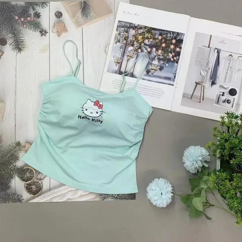 Sanrio Hello Kitty Canotta Y2K Canotte Ragazze Moda estiva Senza maniche Hot Girls Pettorina Design pieghettato Bottoming Look sottile