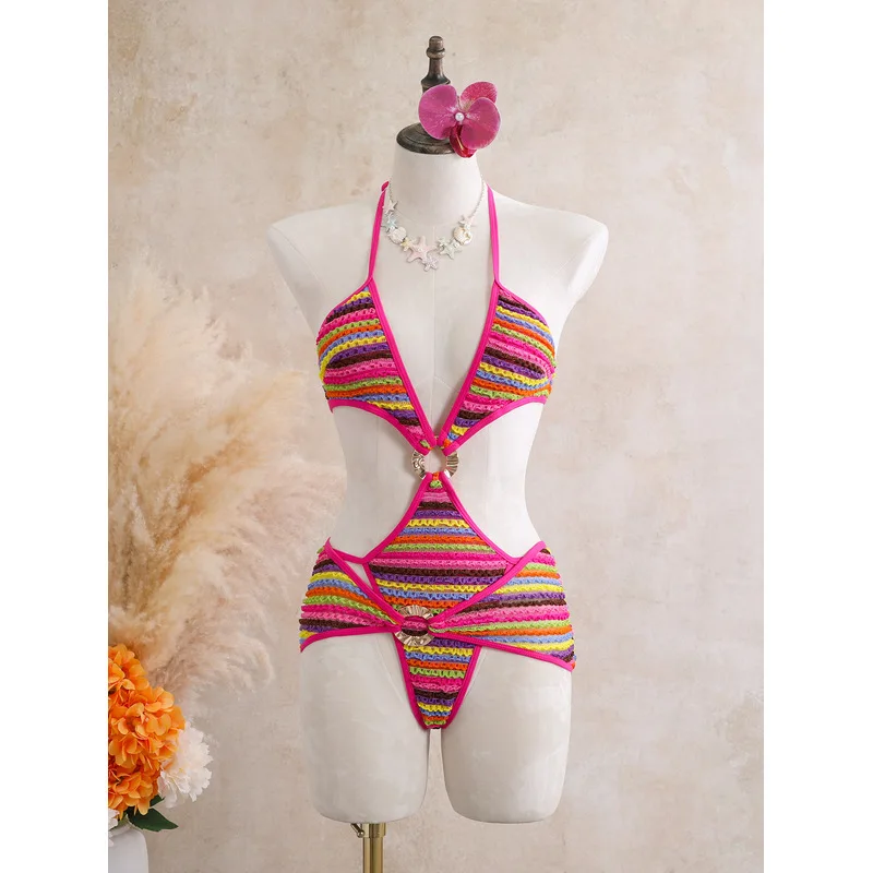 2026 Western New Rainbow Striped Monokini Halter Neck Tie Sexy Bikini Cross Border E Commerce Swimwear Beachwear
