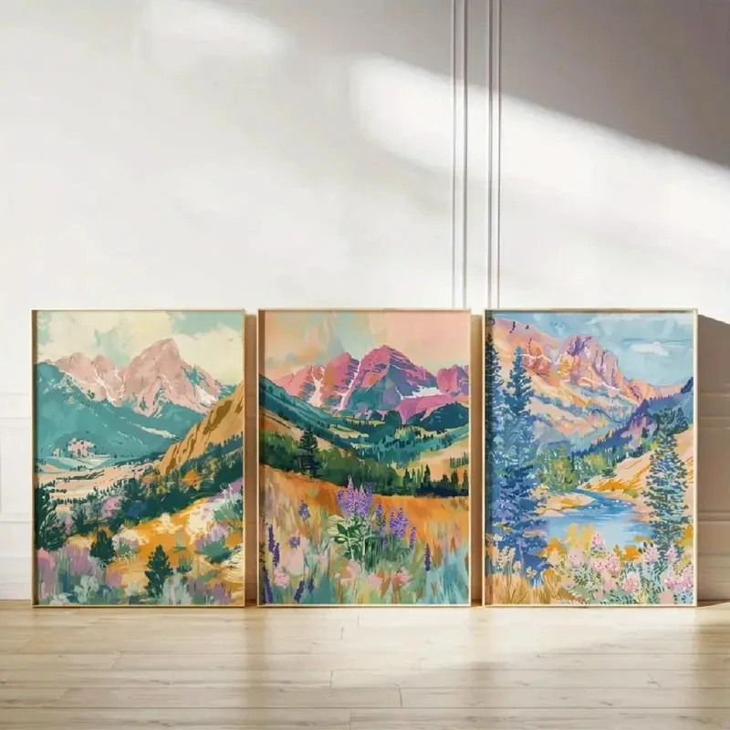3PCS frameless decorative art print,3pcs/Set Retro Abstract Forest Landscape Canvas Poster Picture Wall Modern Living Room Of