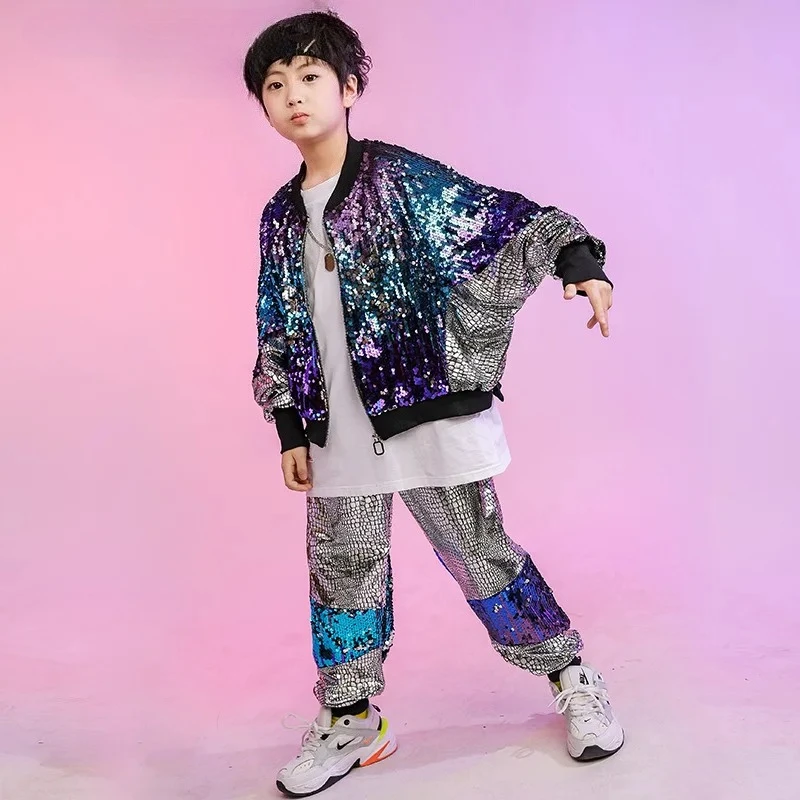 Jazz Street Dance Costume Boys and Girls Hip-hop Sequined Coat Jacket Pants Set Fashion Drum Performance Runway Show Clothing