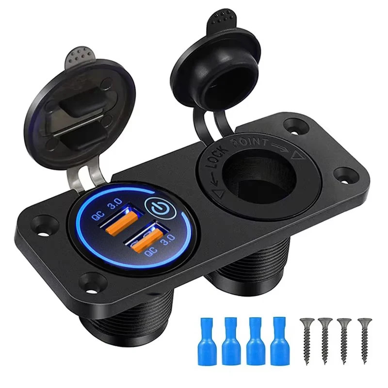 Wasserdichte Zigarettenanzünder-Steckdose, Schnellladung 3.0, 12 V/24 V, Dual-USB-Auto-Steckdose mit LED-Voltmeter, Touch-Schalter für Auto, Wohnmobil, Boot