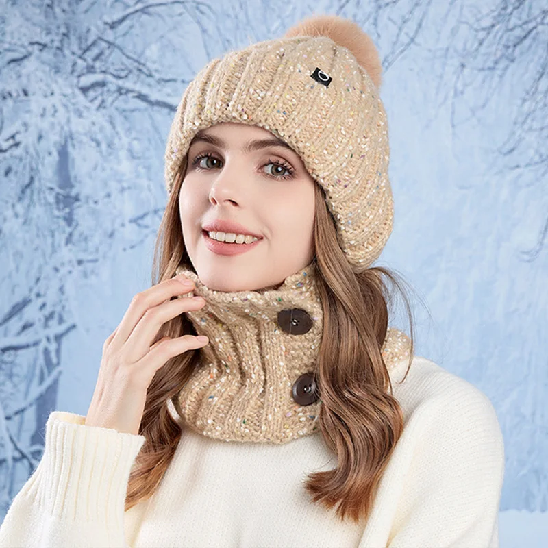 Winter Two-Piece Set for Women Plush Warm Knitted Beanies Hats Scarf Sets Buttons Neckerchief Windproof Cold Ear Protection Hats