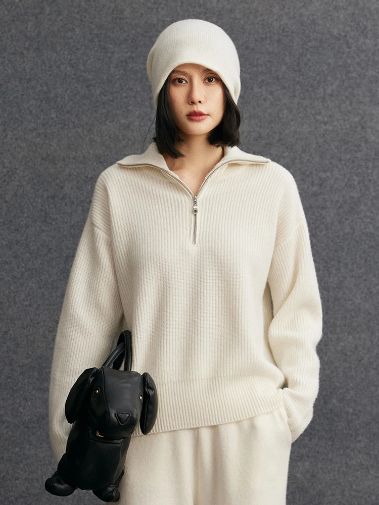 レディース 100% カシミヤ セーター ハーフジッパー セーター ターンダウンカラー 厚手 プルオーバー プレッピースタイル 高級 秋冬 ルーズトップ