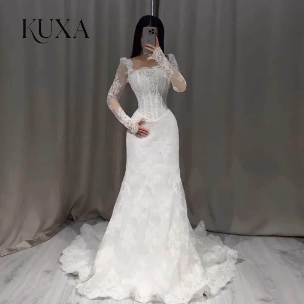 KUXA Spitzen-Meerjungfrauen-Brautkleid, sexy, schulterfrei, lange Ärmel, Boho-Stil, mit Perlen verziert, Brautkleider, individuell anpassbar, lange Kleider