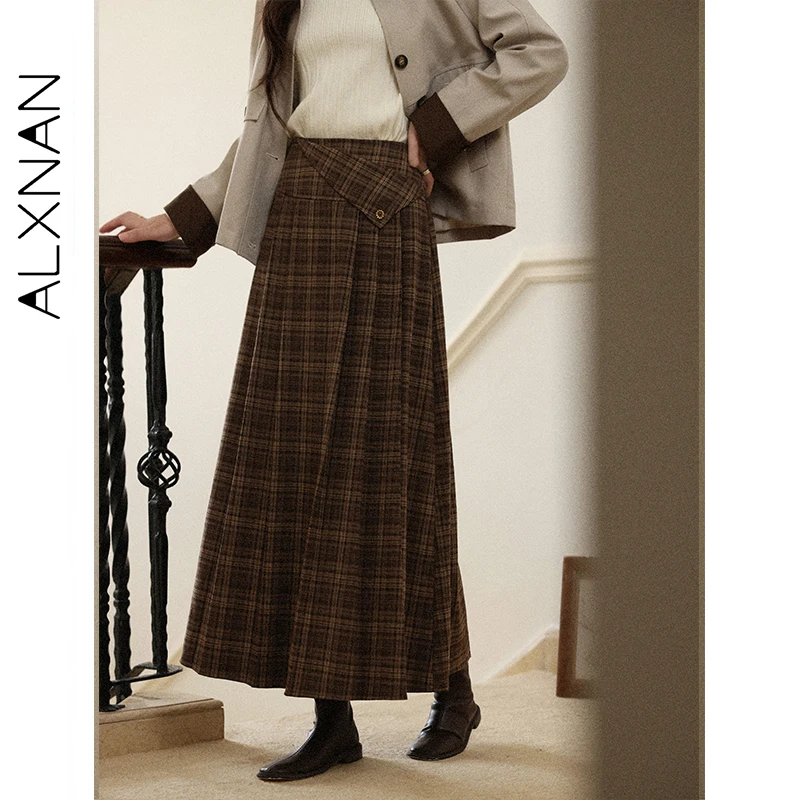 

ALXNAN Brown Plaid Skirt Casual Elegant Long Vintage Pleated Skirt for Women Fall Office Lady High-waist Female Clothing L58033