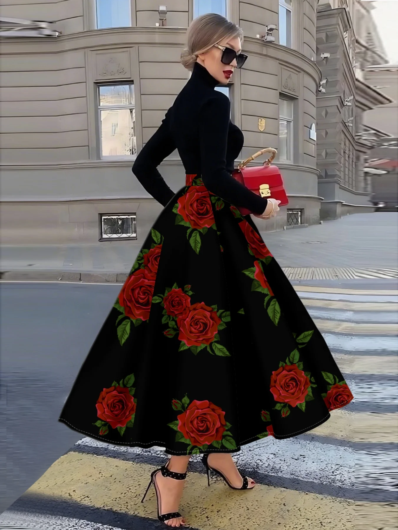 Printed Design suitable for all four seasons Red Roses On Black Background resort style elegant style women's half skirt