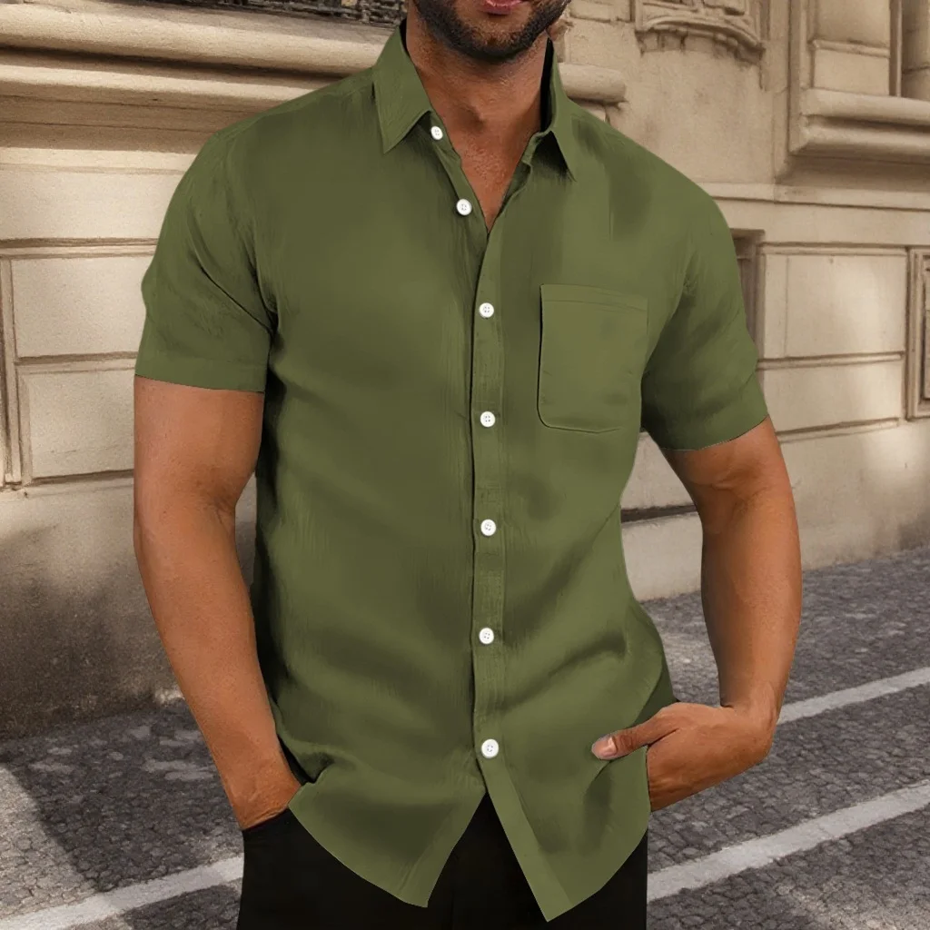 New men's casual cotton and linen retro button-down shirt with collar, solid color, fashionable pockets, street sport shirt