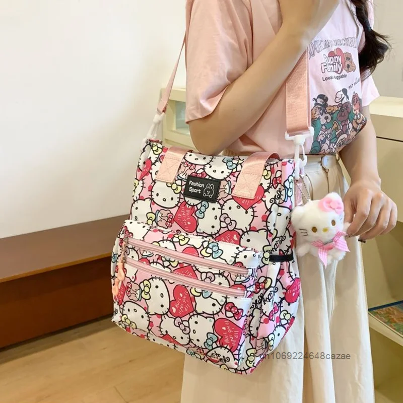 Sanrio Hello Kitty Nylon Women Shoulder Bag Japanese Style Large Capacity Cute Print Tote Bag Sweet Student Kawaii Crossbody Bag