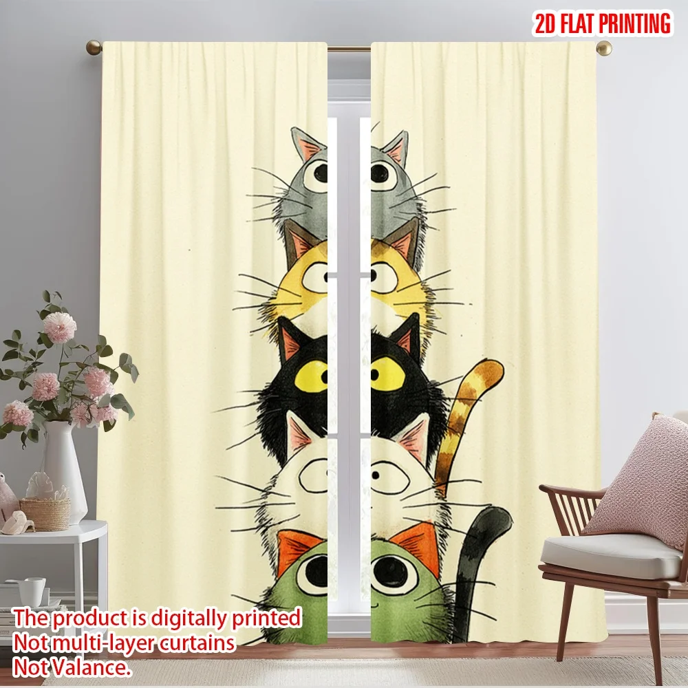 

2pcs 2D flat printing Drapes Cute Fat Cats Stacked Fabric Without Electricity 0 for Indoor Celebrations Room Garden