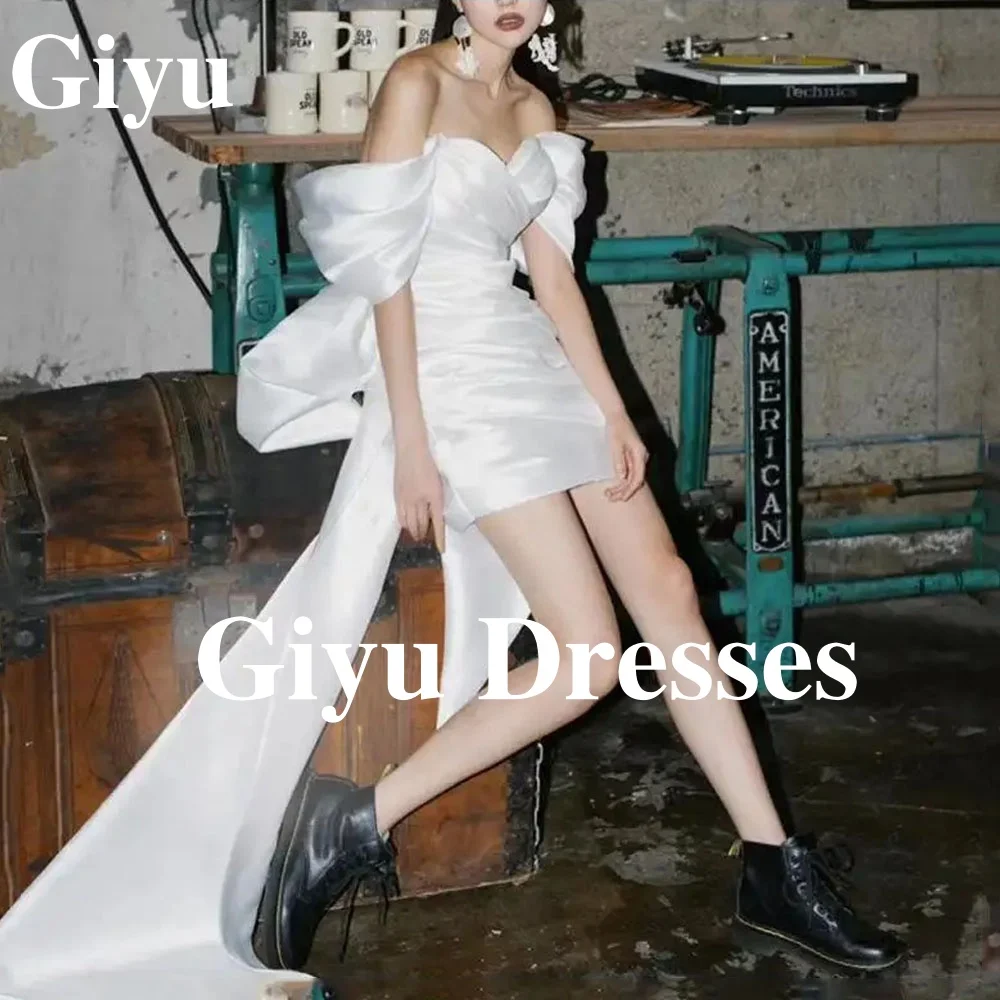 

Giyu Fashion Short Satin Wedding Dress Korean Women Photography Bubble Sleeves Back Strap Bow Bridal Dress Customized