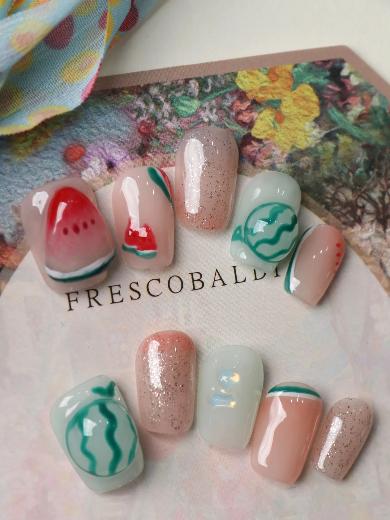 

10Pcs Acrylic Press on Summer Watermelon Fake Nails Includes 1 Sheet of Adhesive Tabs & 1 Pc Mini File