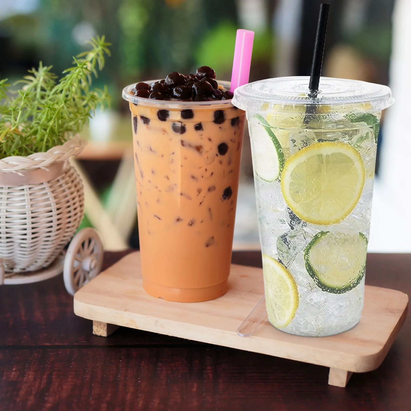 

700ml 50 Pcs Transparent Plastic Cups Flat Lids Food Grade Beverage Juice Smoothie Cold Drink Disposable Clear for Cafés