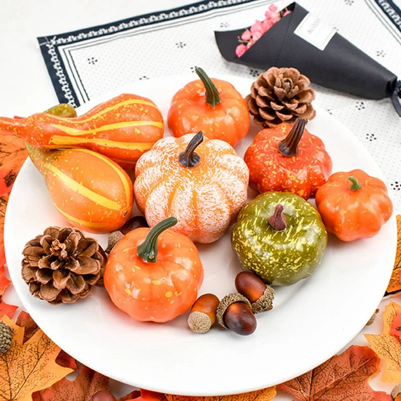 50 PCS Pumpkin Fall Decor Fall Tiered Tray Decor Maple Leaves Pine Cones Acorn Pumpkins Decor Harvest Mixed Fake Pumpkin Set