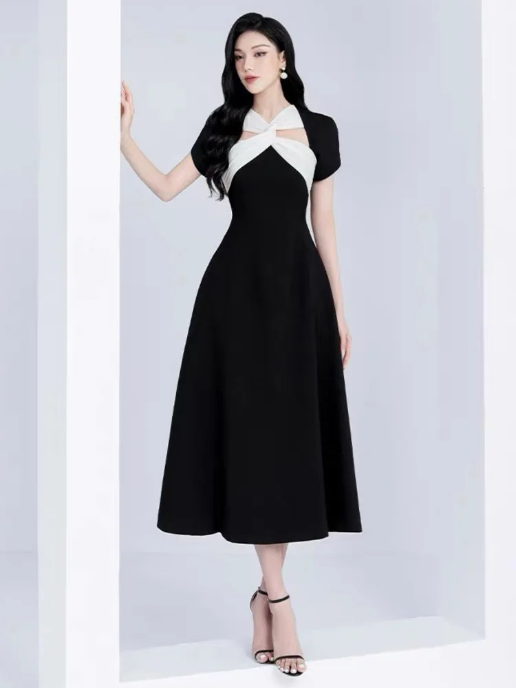 DEAT Elegant Dress Contrast Color Cross Kink V-neck Patchwork Slim Mid-calf Women's Dresses 2024 Summer New Fashion 13DB4588