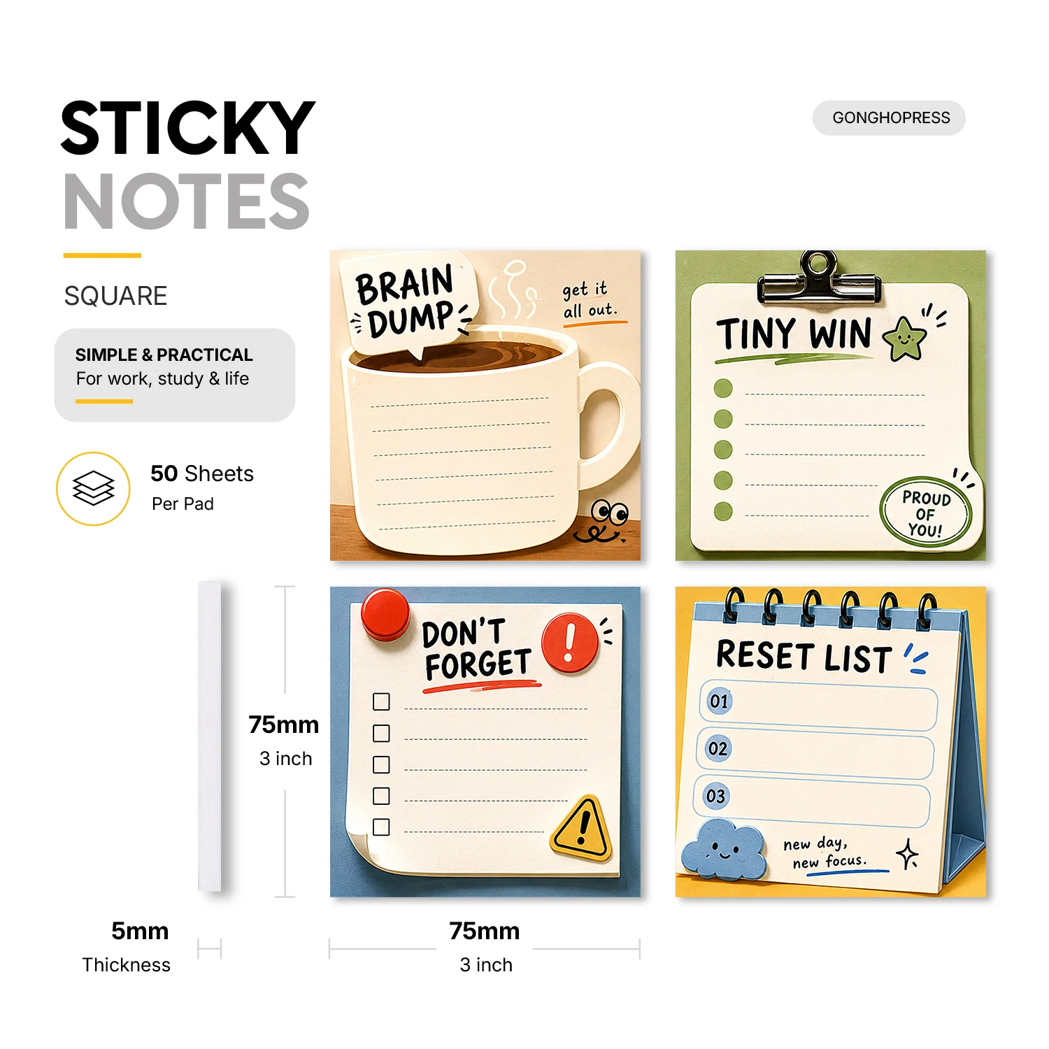 4 Pcs 200 Sheets Total Productivity Sticky Notes, 75x75mm 3x3 Inch, Brain Dump Don’t Forget Tiny Win Reset List Memo Pads
