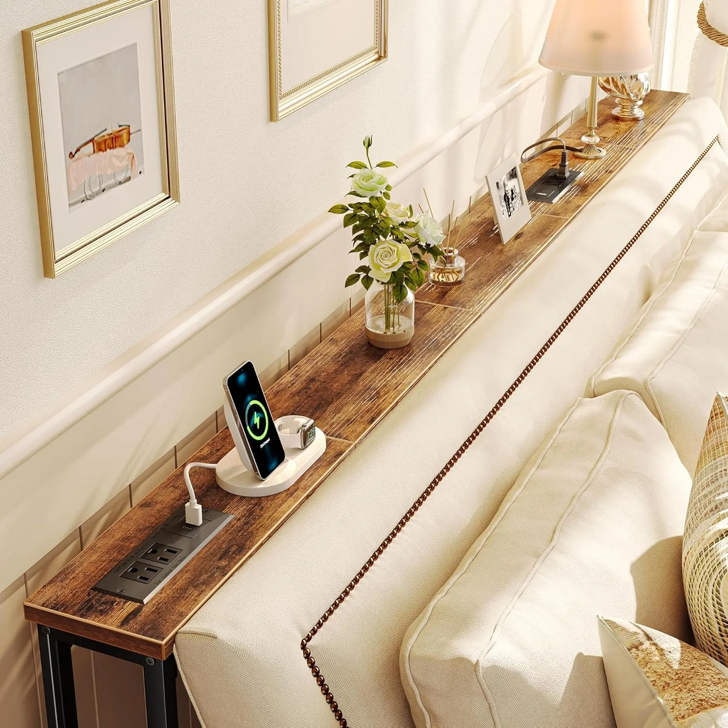 طاولة أريكة مقاس 79 بوصة مع مخرجين طاقة ومنفذ USB-C، وطاولة وحدة تحكم ضيقة مقاس 5.9 بوصة مع مساحة تخزين، بني ريفي #2