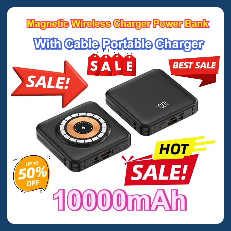 

For IPhone 12 13 Samsung Xiaomi Huawei Mini Powerbank With Cable Portable Charger 10000mAh Magnetic Wireless Charger Power Bank