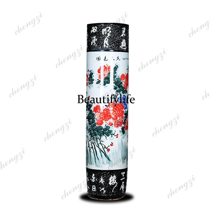 Jingdezhen ceramic hand-painted peony floor-to-ceiling large vase home furnishing living room Chinese ornament opening gift