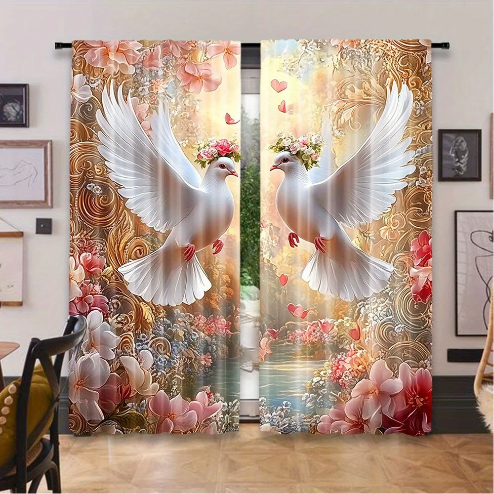2pcs White Dove with Wreath Print Curtains – for Living Room, Bedroom, Kitchen, Café, Hotel & Restaurant Decor