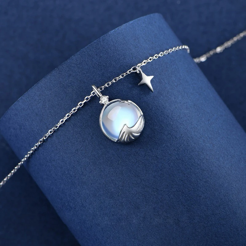 ITSMOS Moonlight Star on The Sea Pendant Necklace Luxury S925 Sterling Silver Gradient Blue Light Stone Necklace for Women Girl