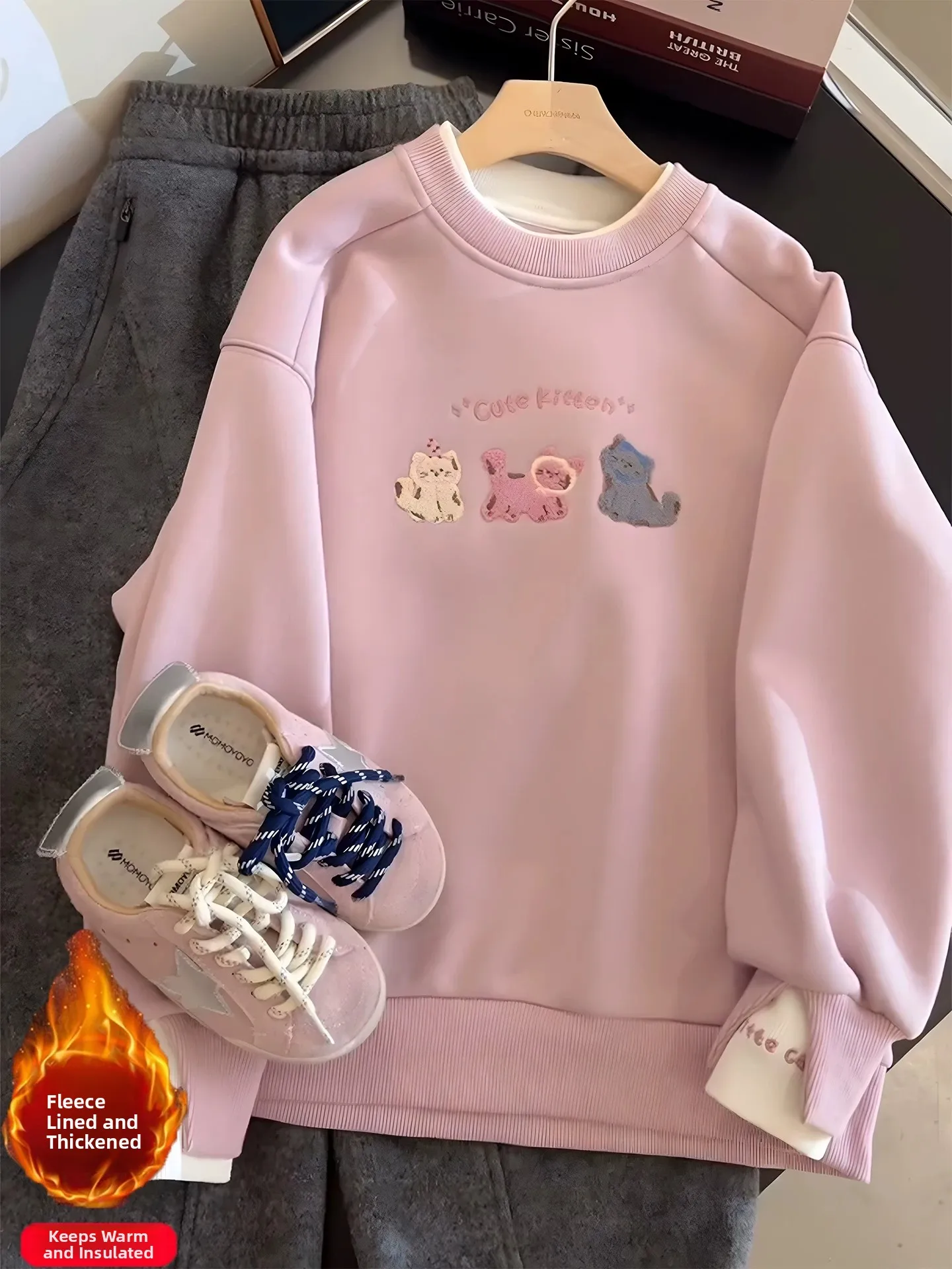 

Розовый свитшот с вышивкой и флисовой подкладкой, круглый вырез горловины, женский, осенне-зимний, теплый, свободный, милый, антивозрастной топ