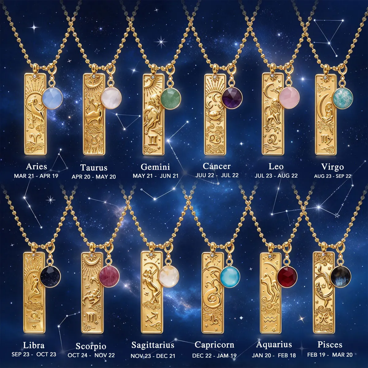 12 Zodiac Sign Necklace Natural Stone Birthstone Charm Stainless Steel Gold Star Map Pendant Astrology Jewelry Gift Women Men