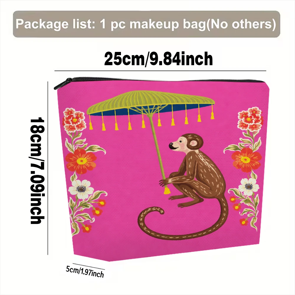 Monkey Holding Umbrella With Flowers Makeup Bags for Girls Cosmetic Pouch Toiletry Bag Pencil Case Travel Storage