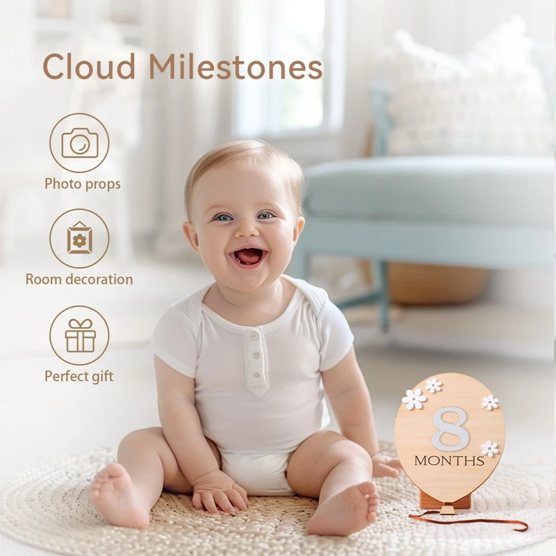 1Set Wooden Baby 0-12 Month Milestone Board Cartoon Balloon Record Card Newborn Gift Souvenir Baby Photo Photography Accessories