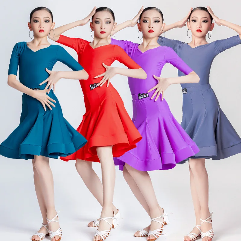 

Solid Color Latin Dance Costume Modern Dance Performance Competitions Uniform Children Modern Dancewear Girls Fancy Dress