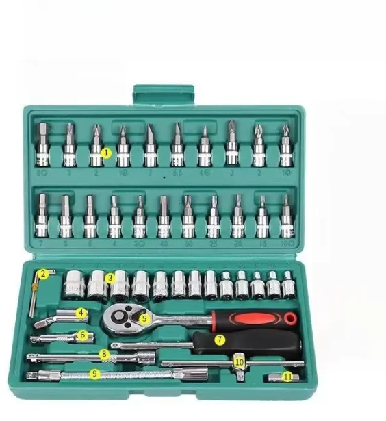 46PCS Mechanic Tool Kit Family Tools Set with Metric & Inch Hex Bit Socket Ratchet Wrench for Auto Repair 1/4 Socket Size