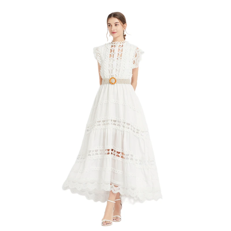 Runway Crochet Hollow Out Midi Lace Dress per le donne 2024 Summer senza maniche ricamo Party Dress elegante Holiday Robe