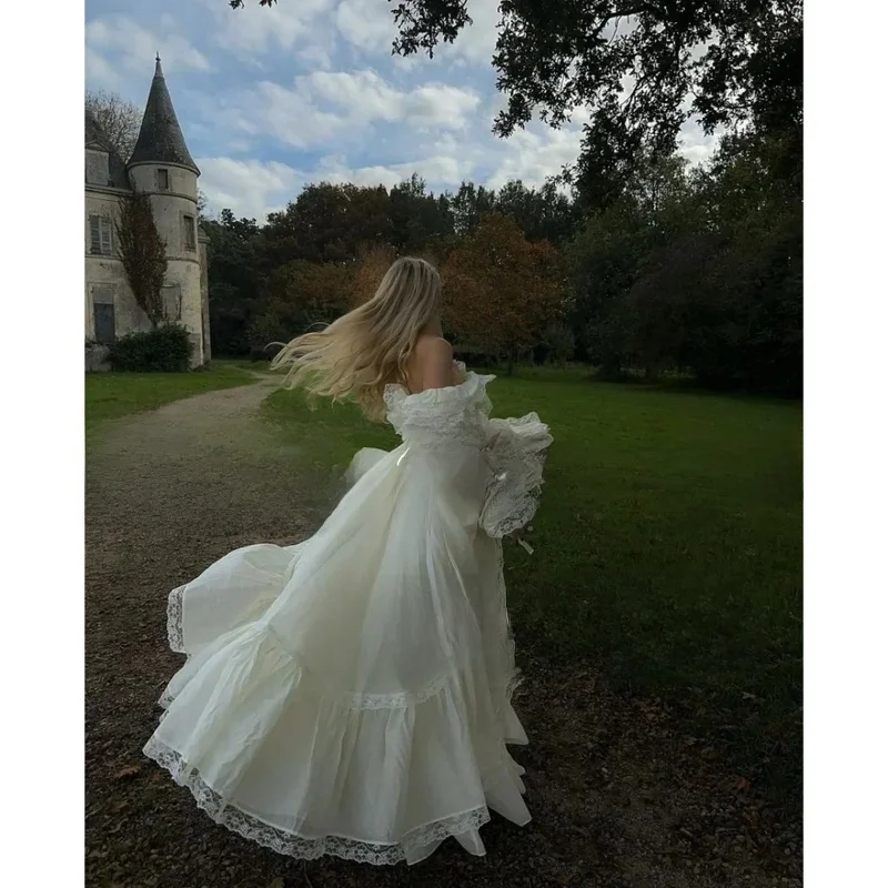 ชุดเดรสงานแต่งงานเจ้าหญิง แบบเปิดไหล่ แขนยาว ทรงเอไลน์ ผ้าซาติน ยาวกรอมพื้น ชุดราตรี  แบบสั่งตัดพิเศษ สไตล์พาสเทล