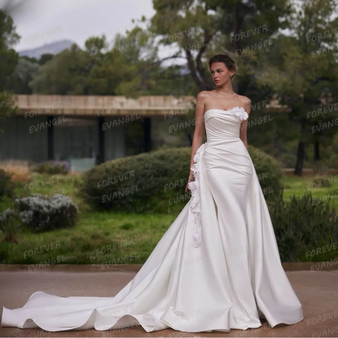 

Простые свадебные платья русалки, женские атласные свадебные платья с оборками и цветами, со шлейфом, Vestidos De Novia, индивидуальное платье De Mariée